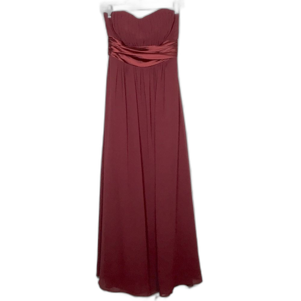 Burgundy satin & sheer babydoll formal gown strapless light padding size 6